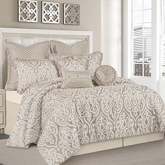 9-Piece Jacquard Damask Comforter Set - Queen Size Silver Gray