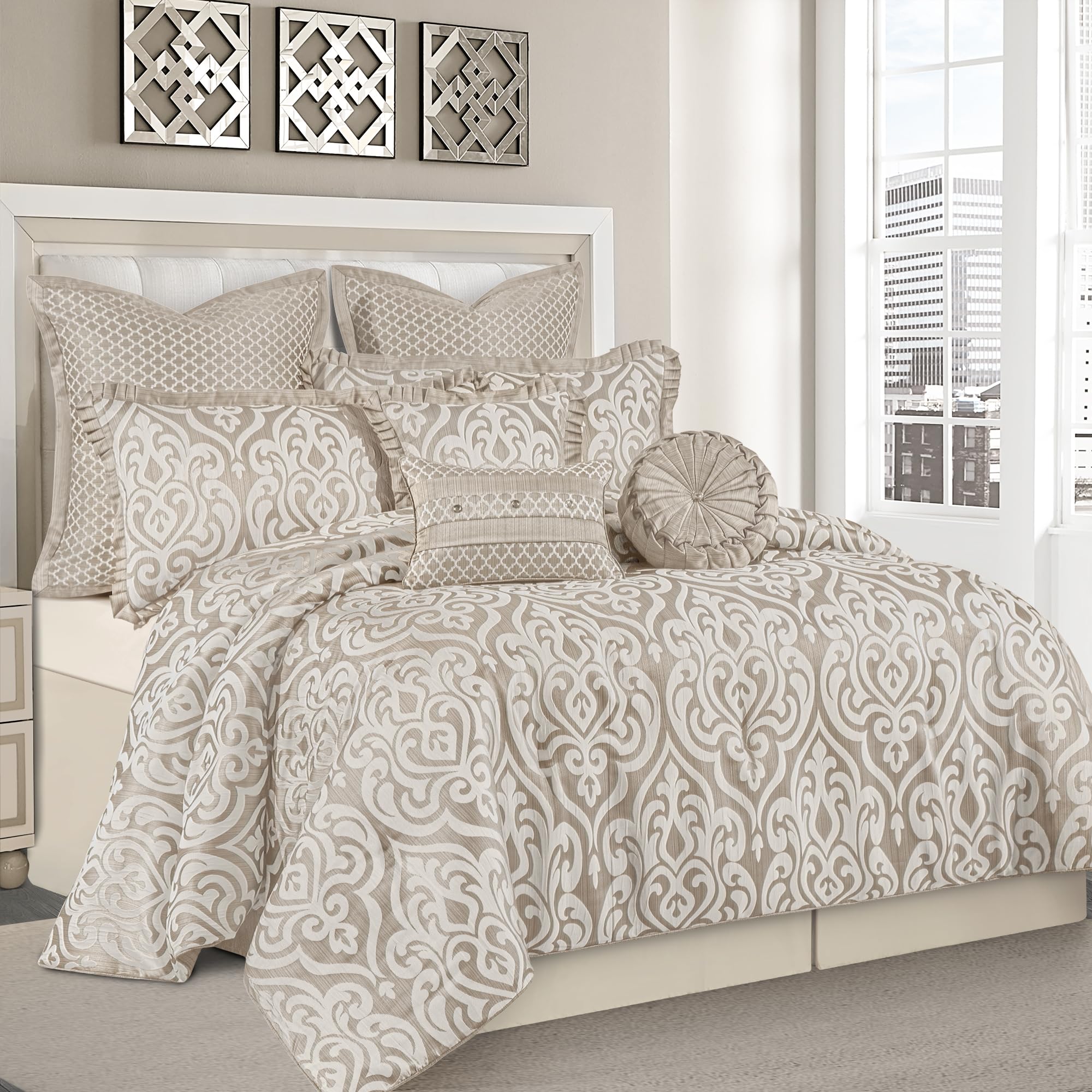 9-Piece Jacquard Comforter Set - Luxury Damask Bedding King Size (Taupe Beige)