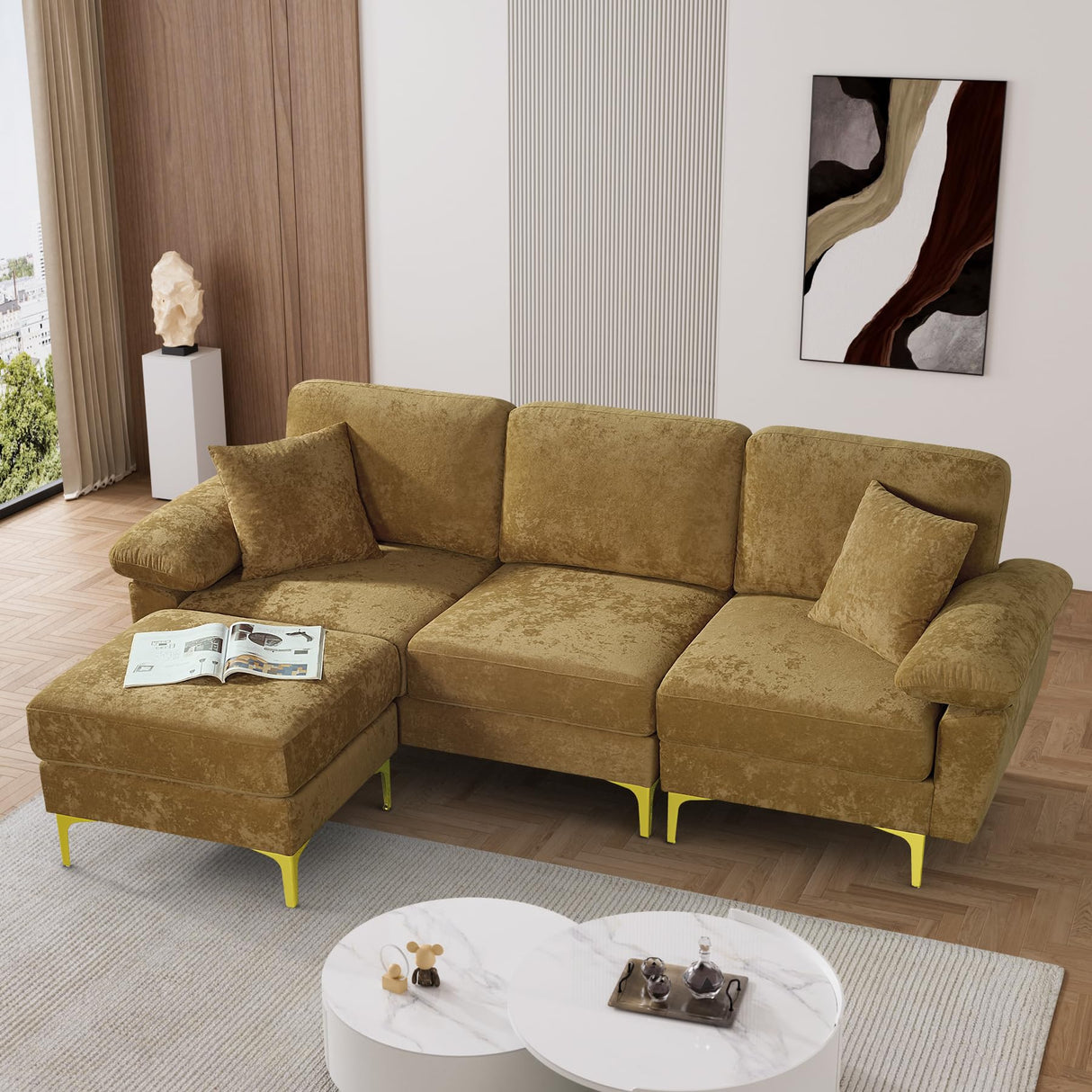 L Shaped Sectional Sofa Couch, 88.5" Comfy Velvet Upholstered 3 Seat Sofa Set