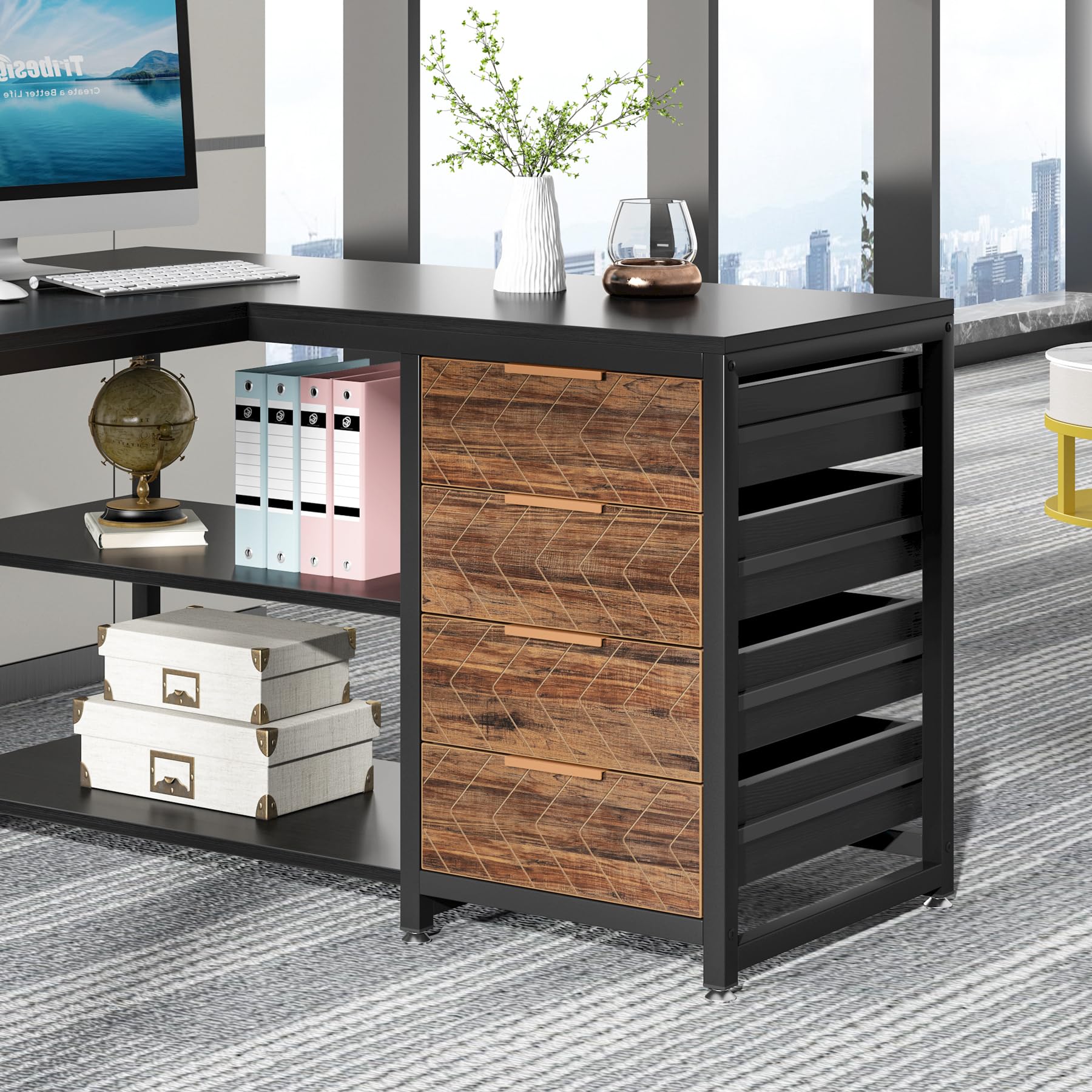 L Shaped Computer Desk with Storage Drawers, 59 inch Corner Desk with Shelves