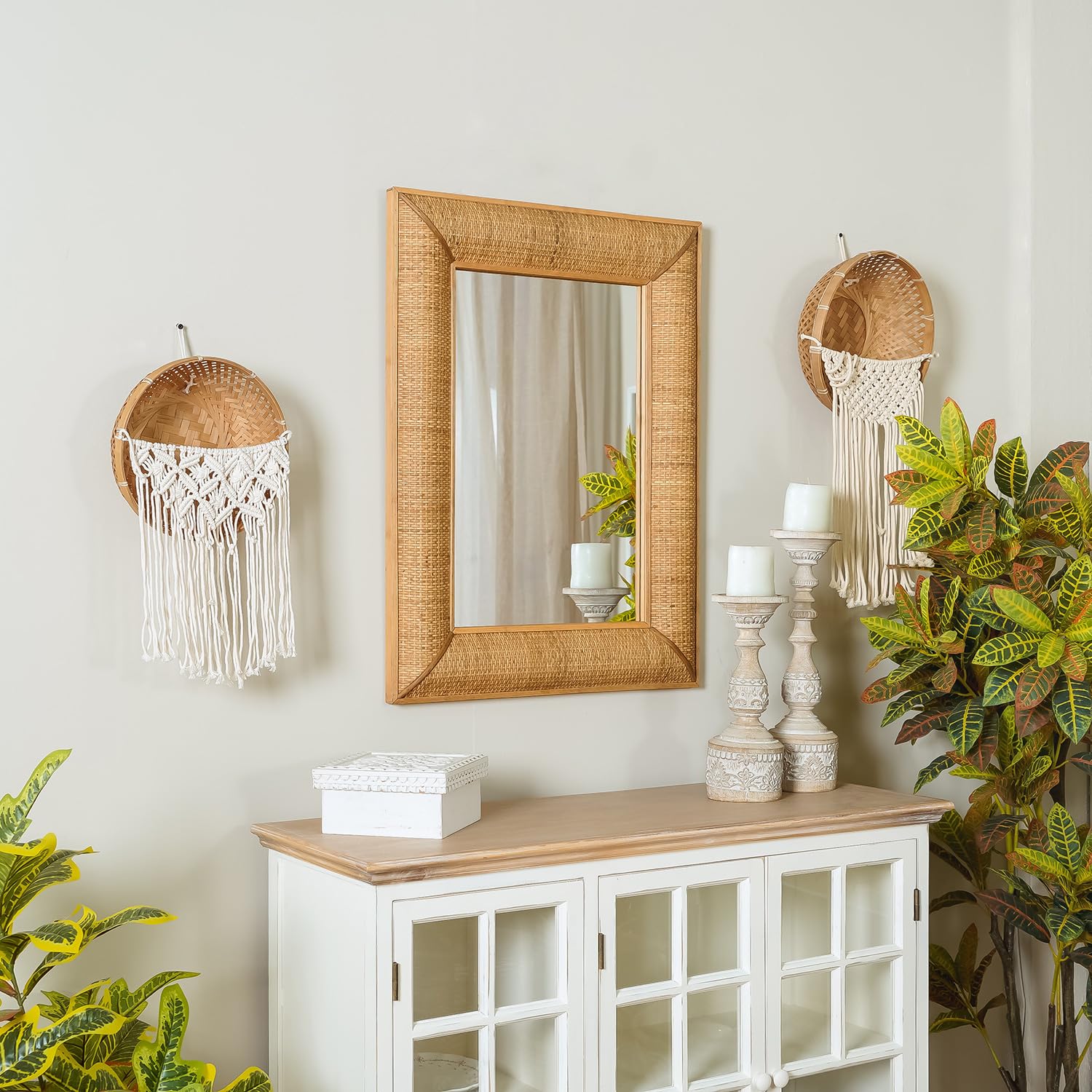 Boho Rattan Wall Mirror Wooden Framed Rectangle Mirror Rattan Decorative Farmhouse