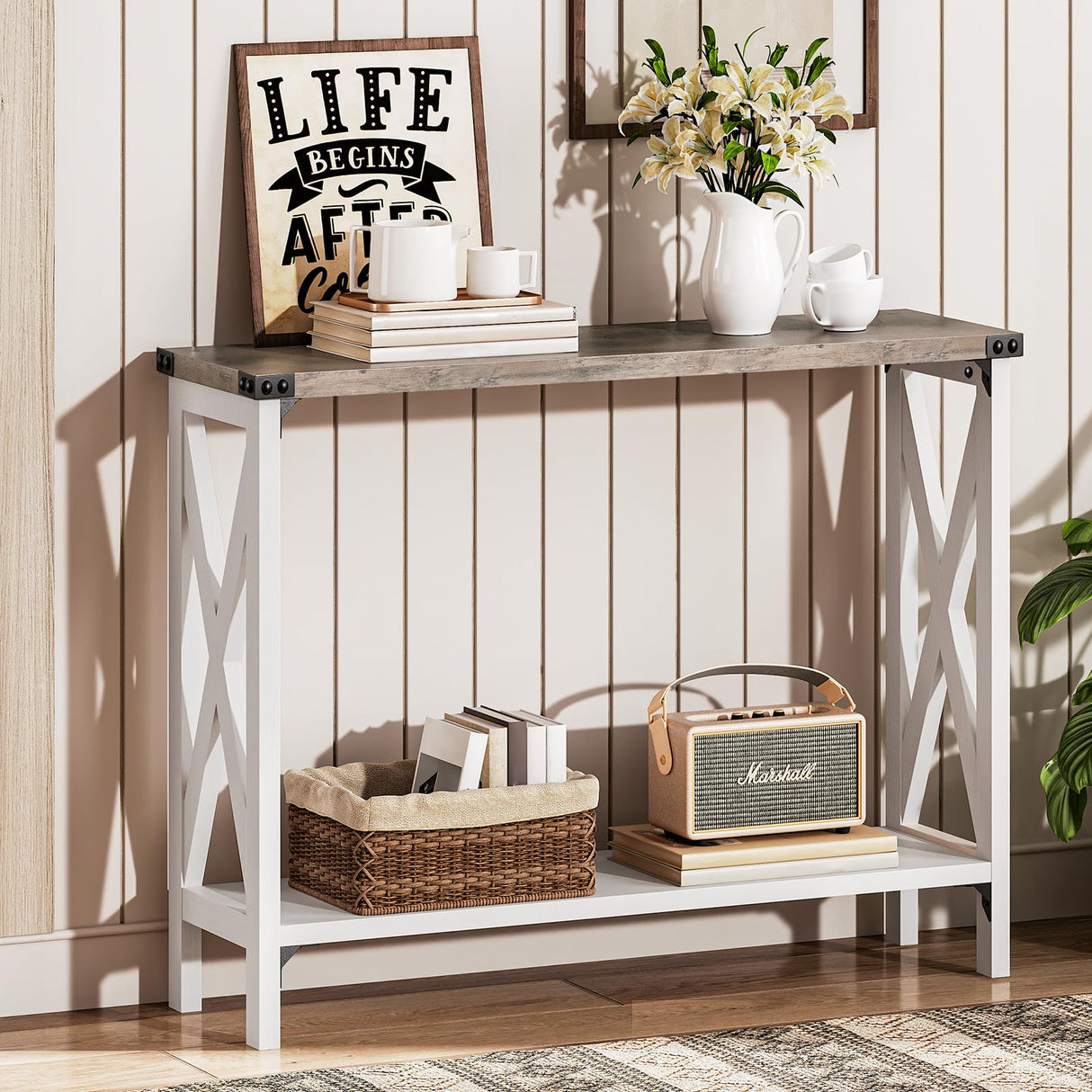 Farmhouse Console Table, Narrow Entryway Table, Sofa Table with 2 Open Shelves, for Hallway