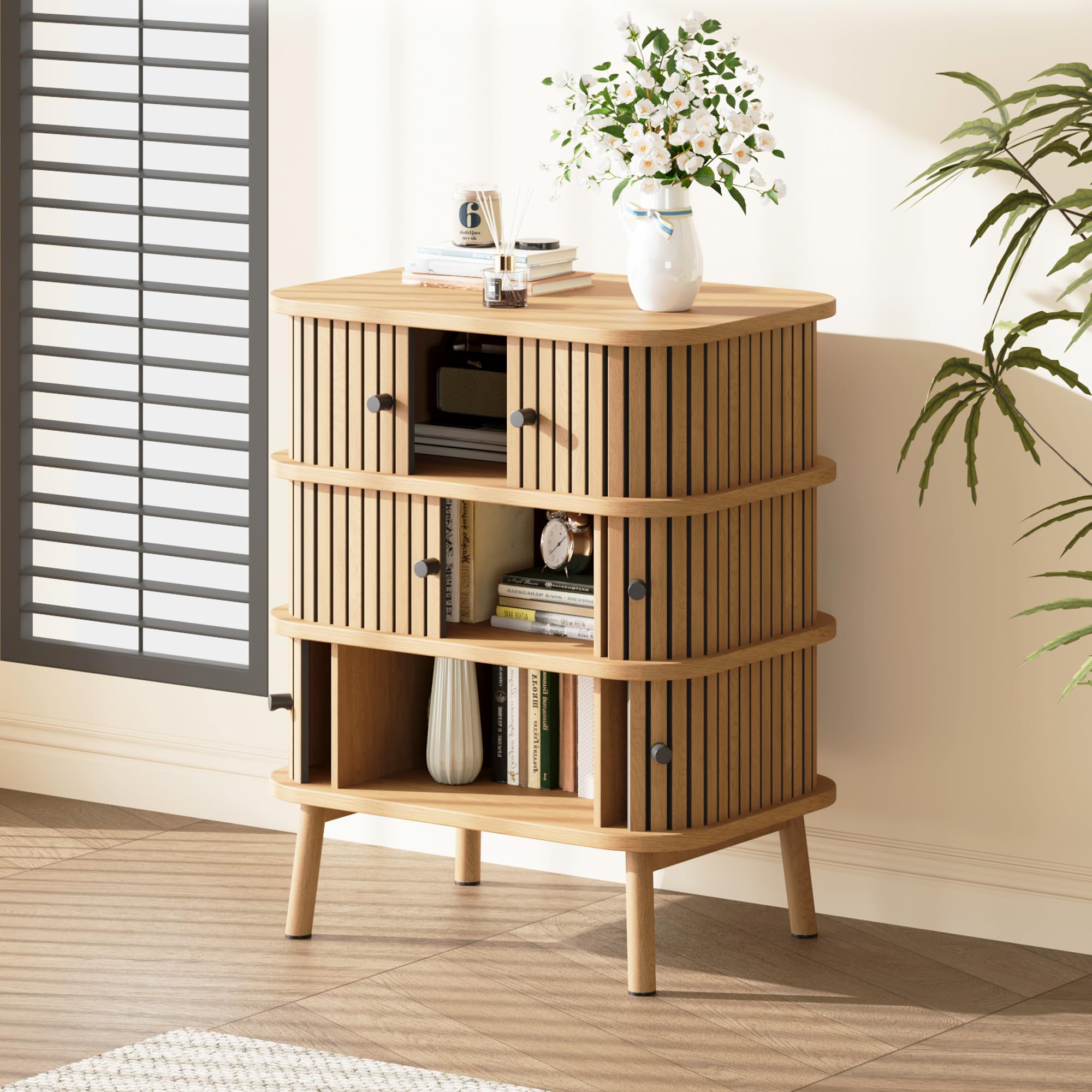 Fluted 3 Drawers Nightstand with Sliding Door, Boho 3 Drawer Dressers