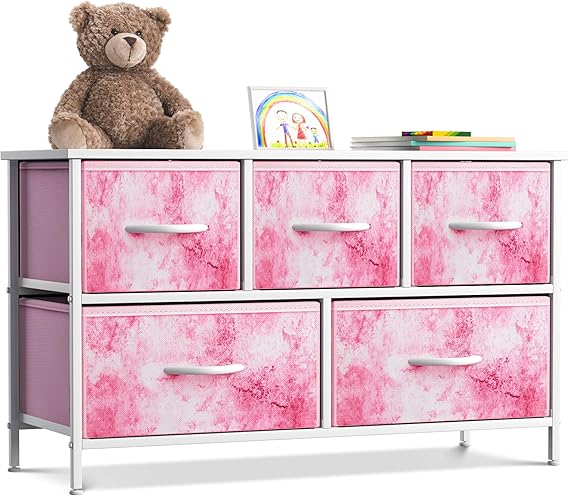 Kids Dresser with 5 Drawers - Storage Chest Organizer Unit with Steel Frame