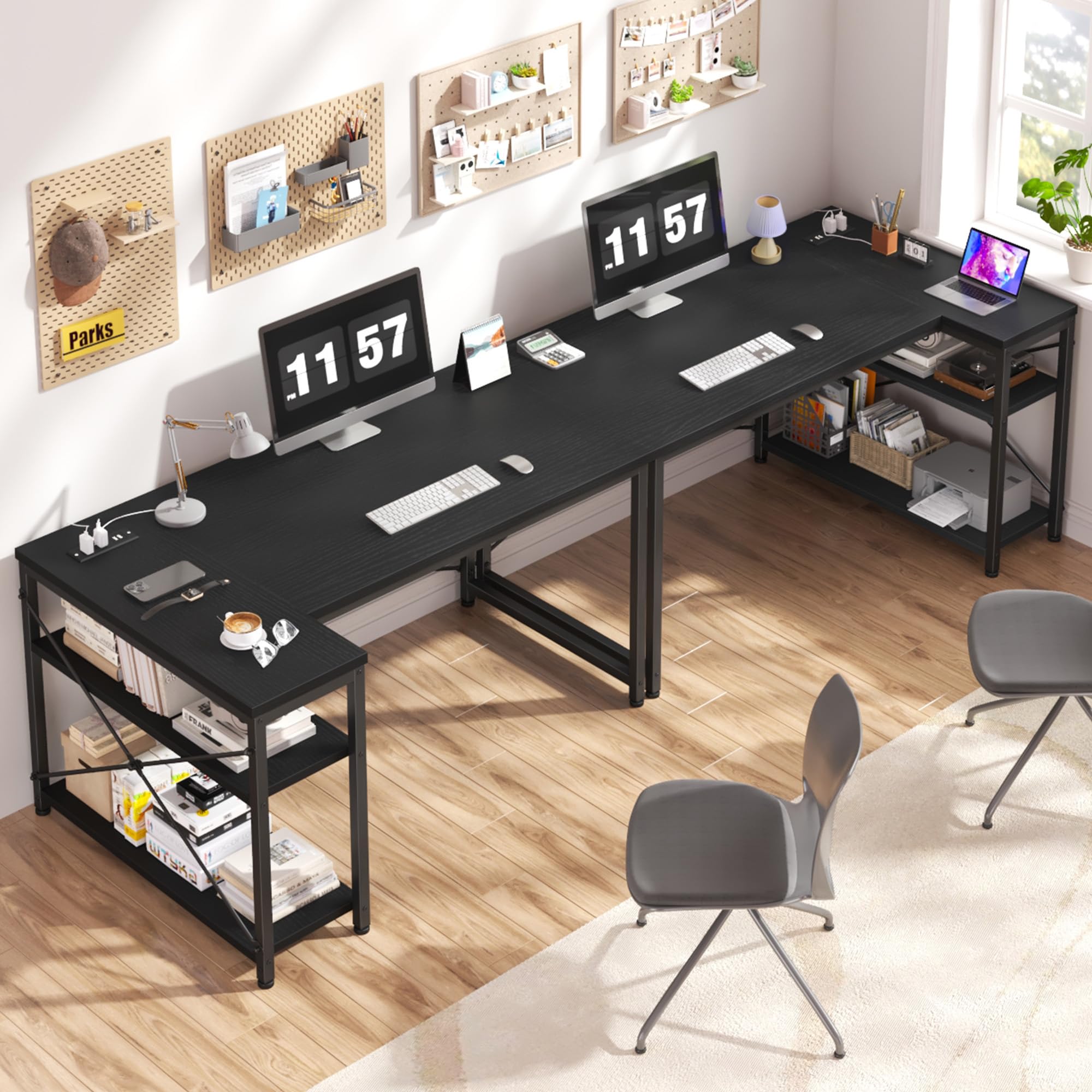 47" Computer Desk with Power Outlets,L Shaped Desk with Storage Shelves