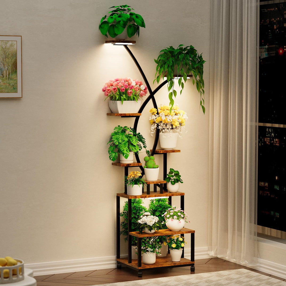 9 Tiered Tall Metal Plant Stand Indoor with Grow Lights, Large Holder Display Shelf