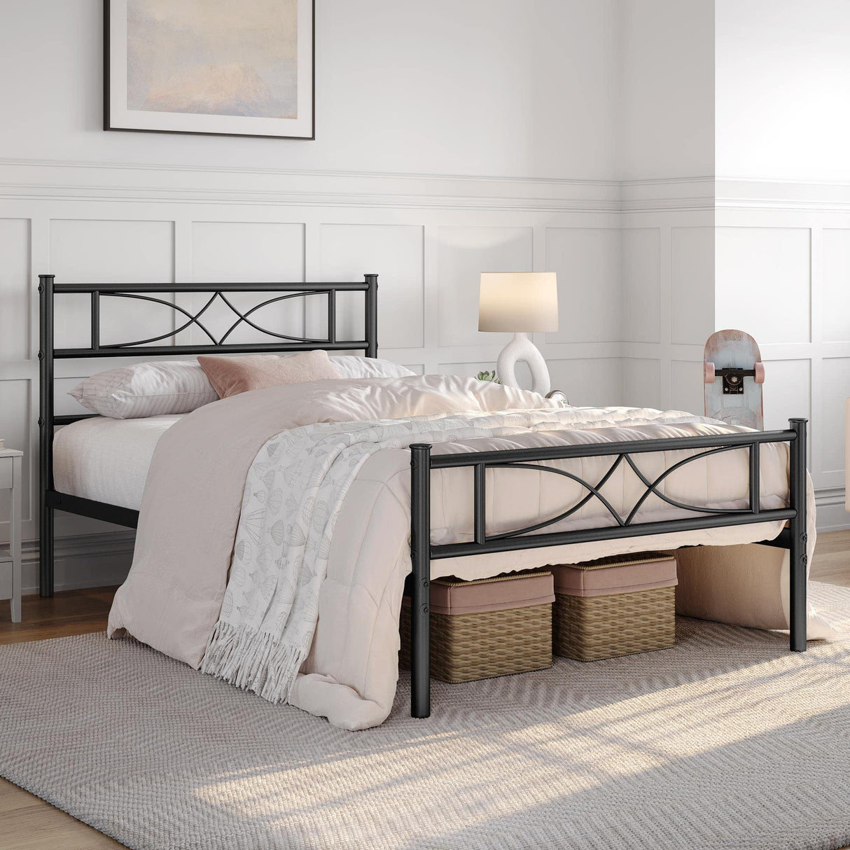 2PCS Simple Metal Bed Frame with Curved Design Headboard and Footboard