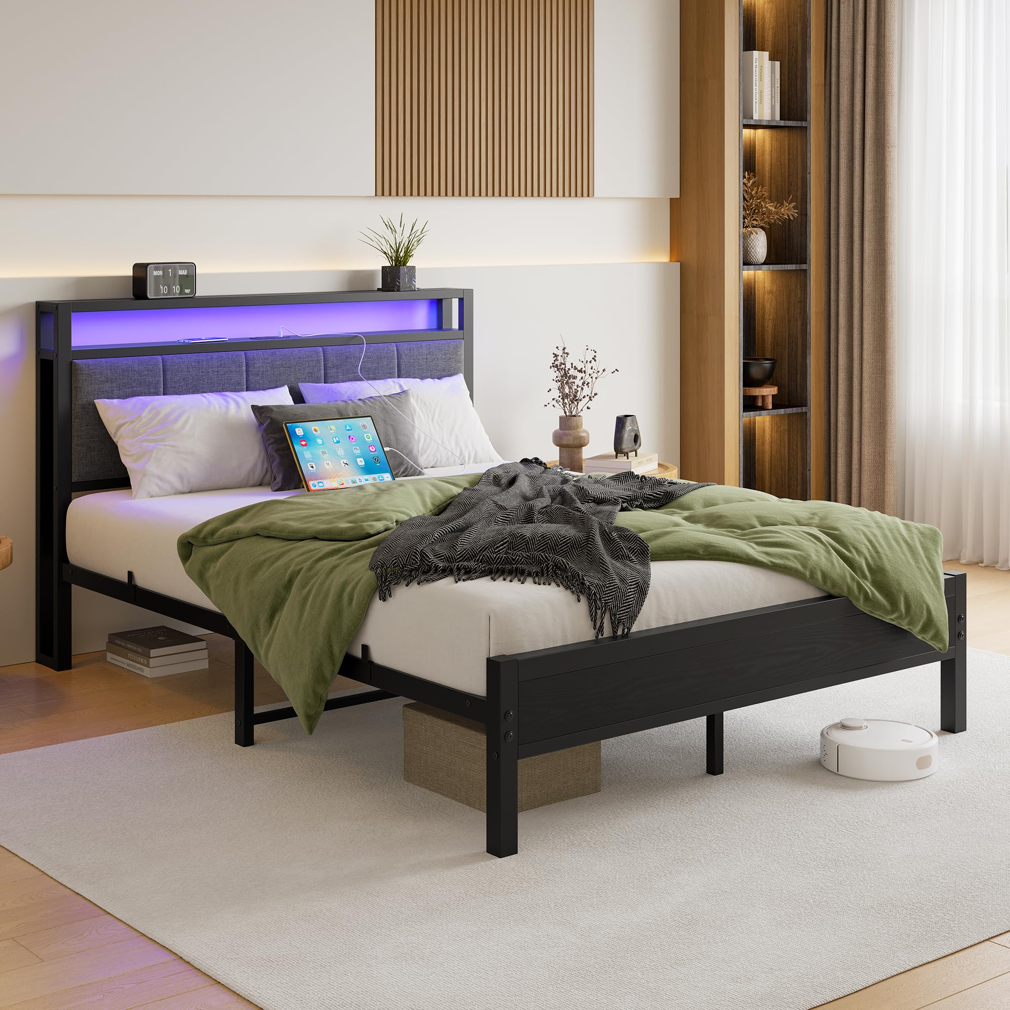 Queen Bed Frame with Headboard Storage,Upholstered Platform Bed Frame Queen Size