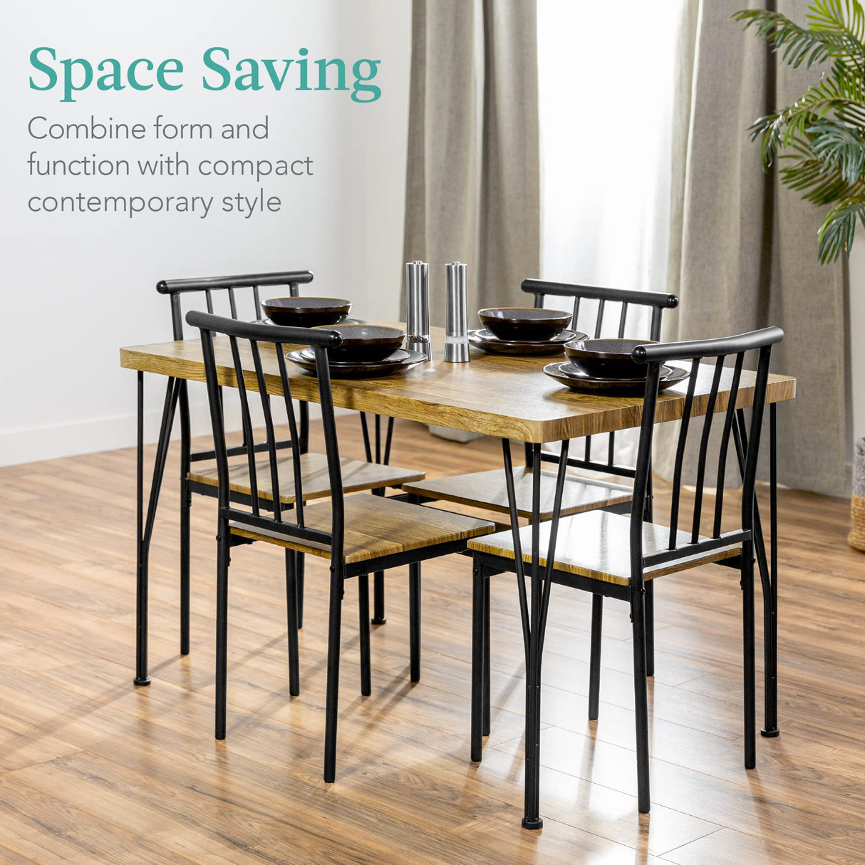 5-Piece Metal and Wood Indoor Modern Rectangular Dining Table Furniture Set for Kitchen