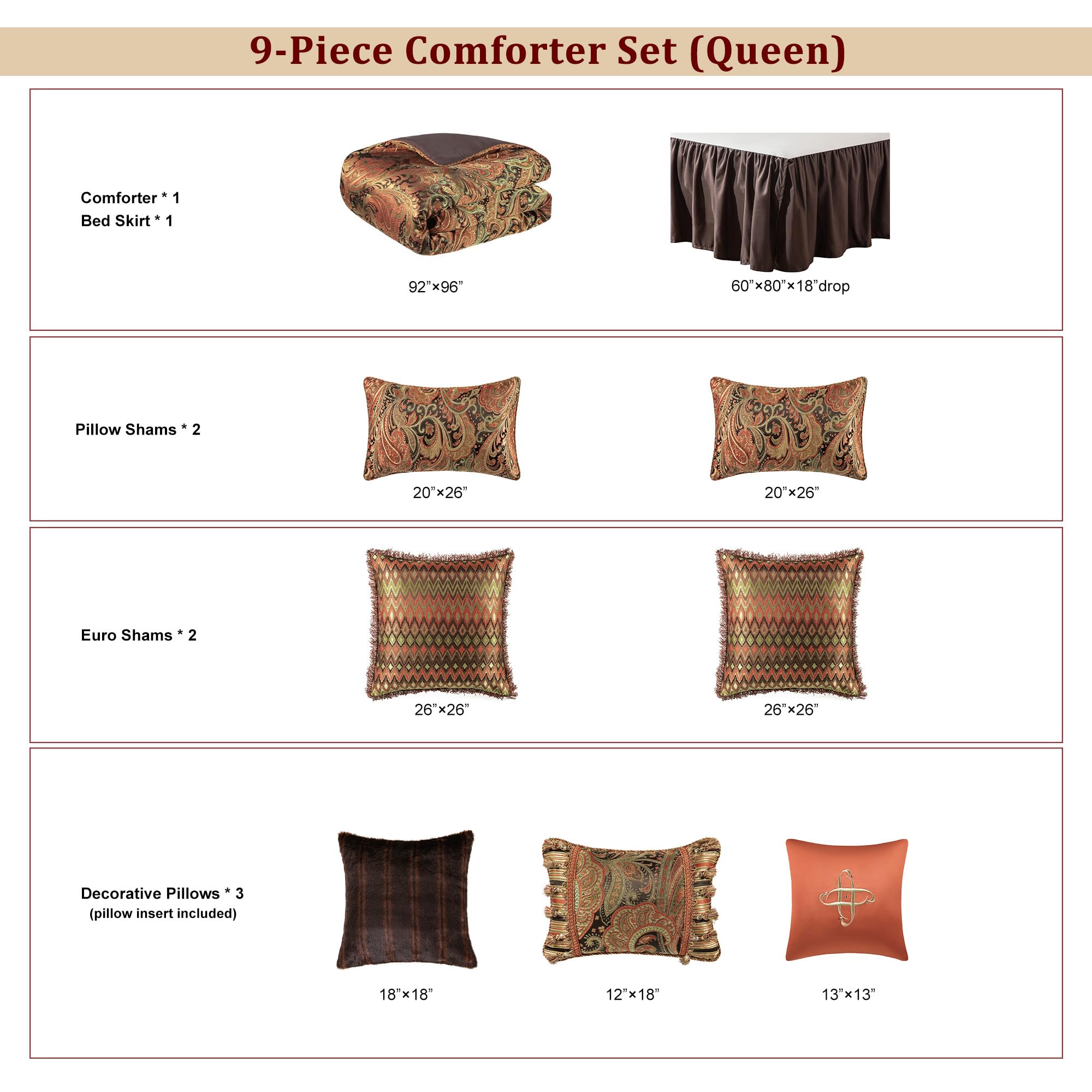 9-Piece Jacquard Comforter Set Queen - Classic Paisley Damask Bed in a Bag