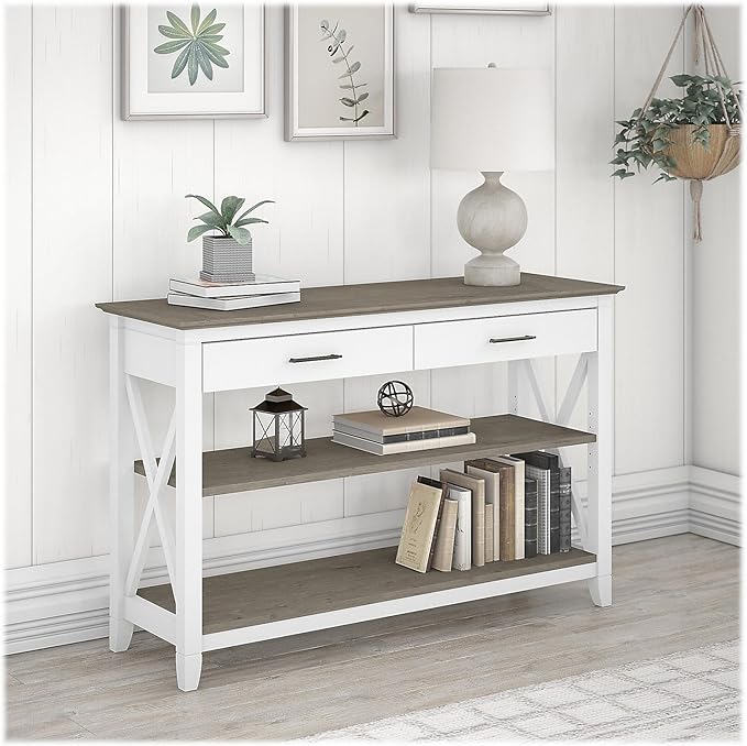 Key West Console Table with Drawers and Shelves in Washed Gray