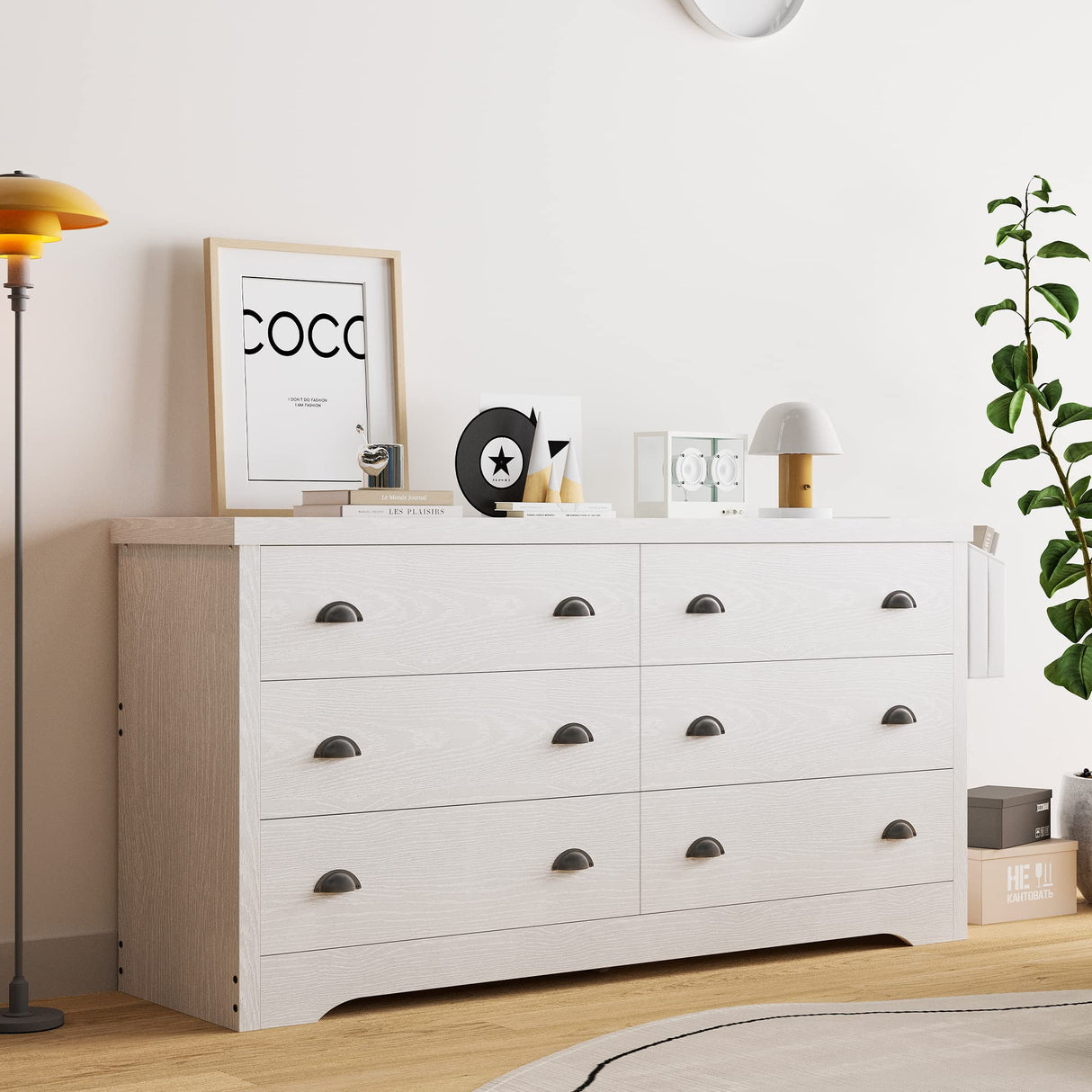 Dresser for Bedroom 6 Drawer with Charging Station, TV Stand Storage Chest