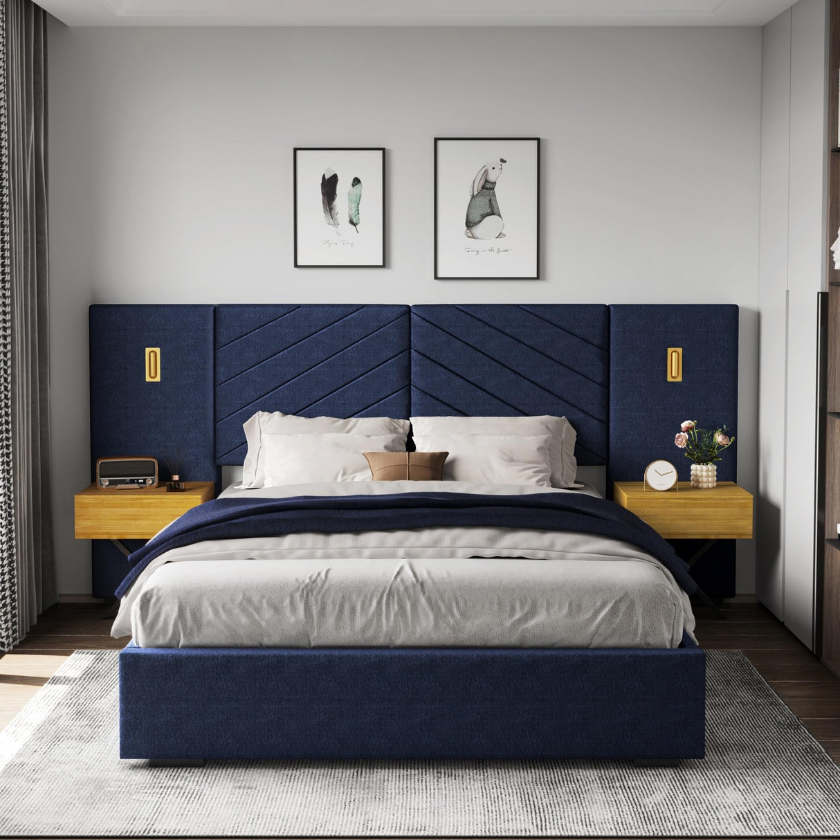 Luxury Bed Frame with Built-in Gold LED Lights and Nightstands