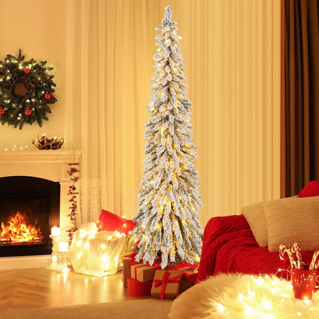 6ft Pre-Lit Flocked Christmas Tree, Artificial Slim Xmas Tree with 407 PVC Branch Tips