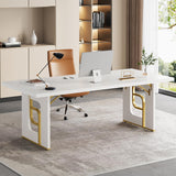 Condemo 71 inch Large Executive Office Desk, Simple Computer Desk Workstation, Modern Study Writing Table, Business Furniture for Home Office, Faux Marble, White and Gold