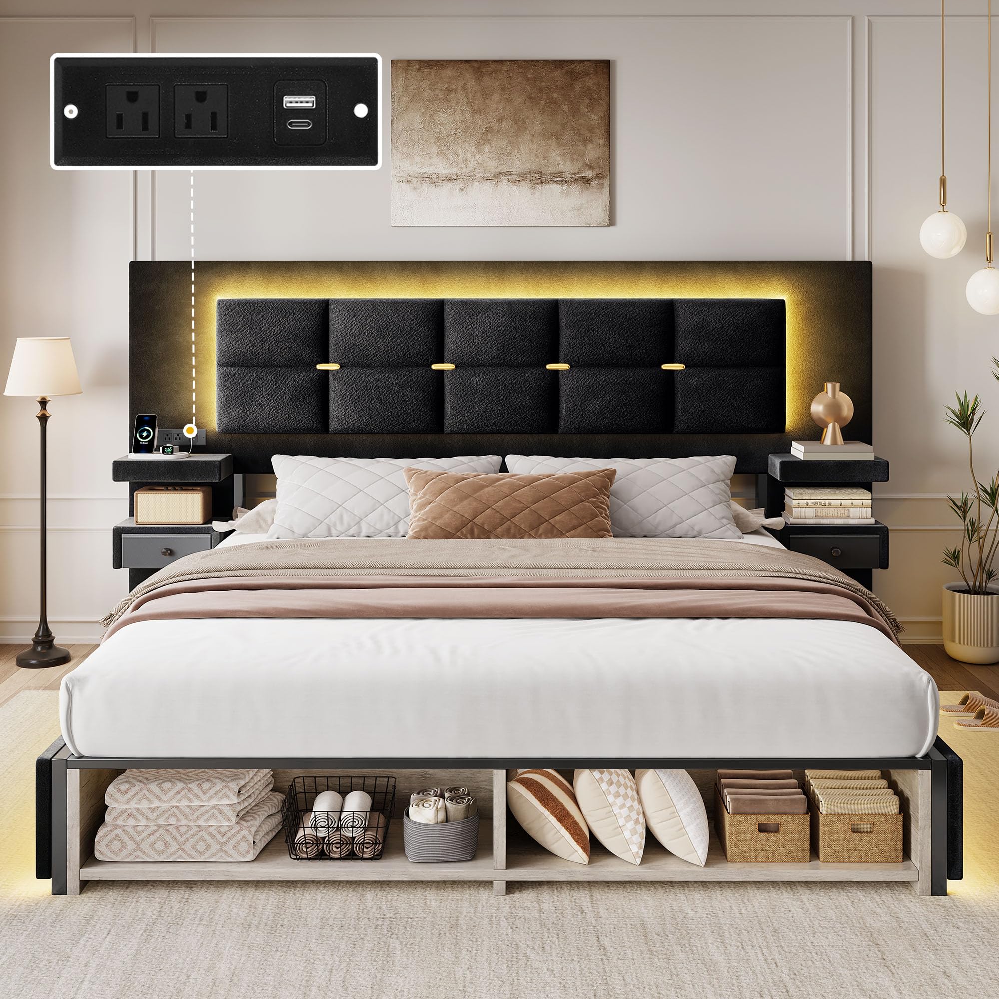 Queen Bed Frame with LED Lights and Charging Station