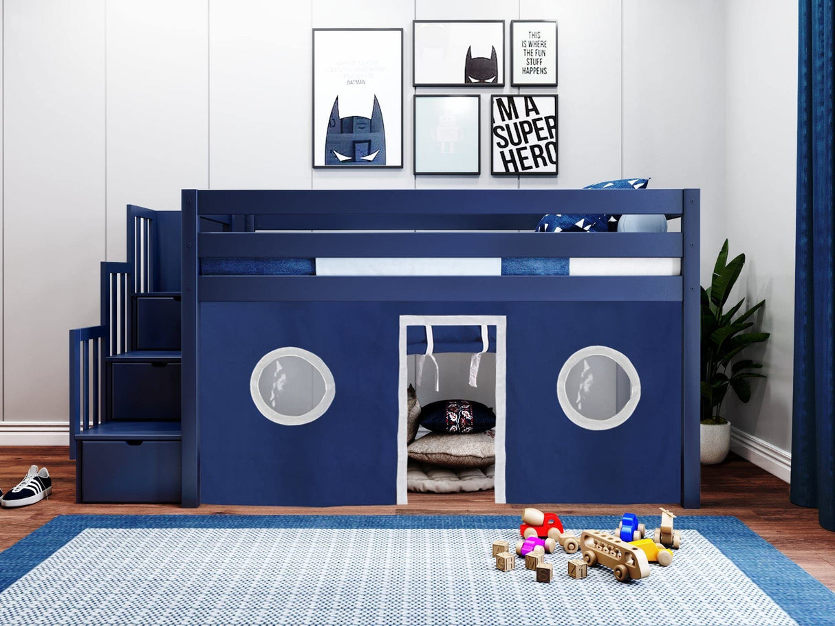 Contemporary Low Loft Twin Bed with a 3 Drawer Stairway, Blue with Blue & White Tent