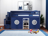 Contemporary Low Loft Twin Bed with a 3 Drawer Stairway, Blue with Blue & White Tent