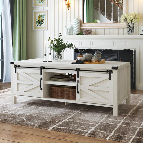 Farmhouse Coffee Table with Sliding Barn Doors & Storage