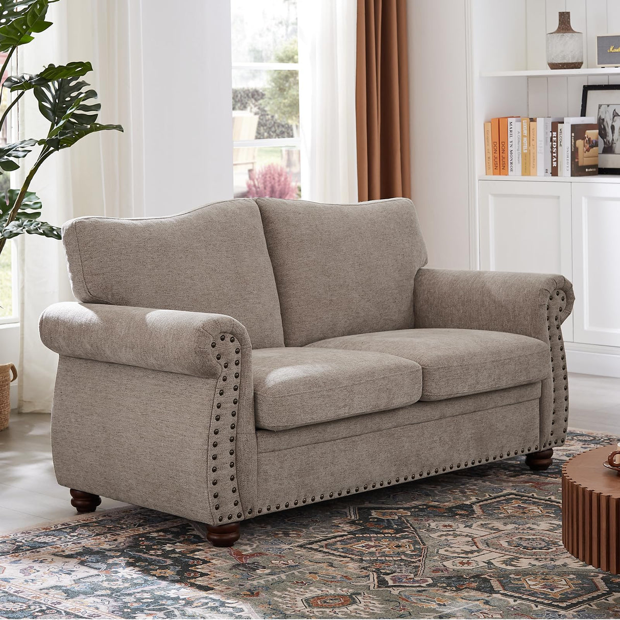 Nailhead Sofa, 66" Small Couch with Rolled Arms, Chenille Fabric Loveseat w/Springs Seat Cushion, Vintage Curved Back, Turned Wood Legs, Comfy Couch for Living Room, Bedroom, Farmhouse, Beige