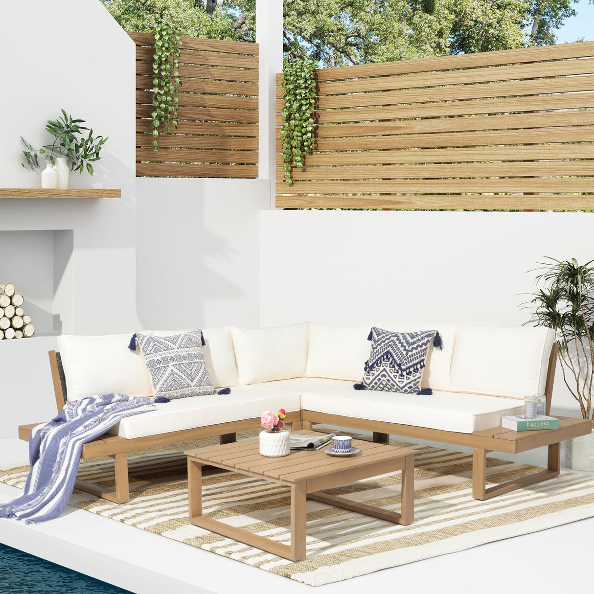 4 Piece Acacia Wood Patio Furniture L-Shaped Outdoor Sectional Sofa Set