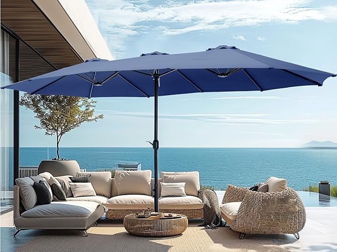 15ft Large Patio Umbrellas with Base, Outdoor Double-Sided Rectangle Market Umbrella for Pool Lawn Garden,