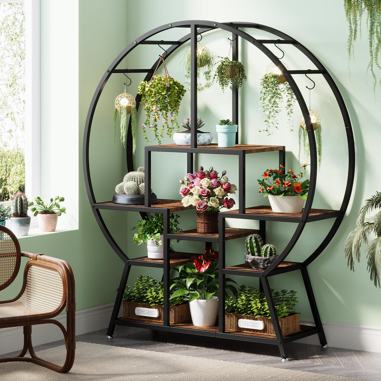 7-Tier Round Indoor Plant Stand, 65" Large Tall Plant Shelf with 6 S Hanging Hooks