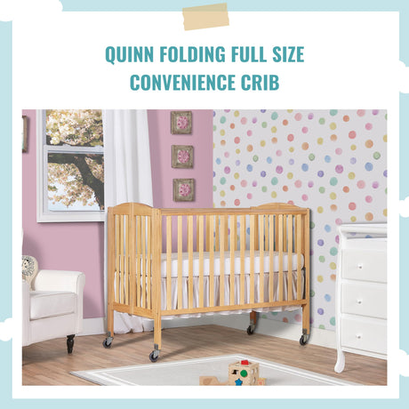 Folding Full Size Convenience Crib In Natural, Two Adjustable Mattress Height Positions,