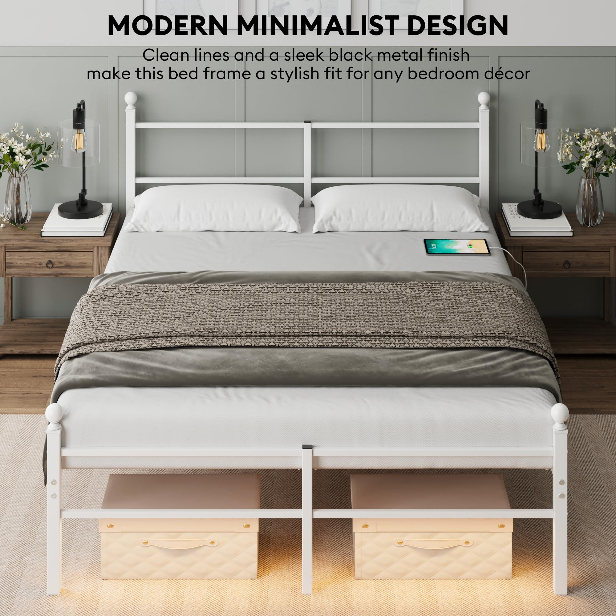 Queen Metal Platform Bed Frame with LED Lights & Charging Station