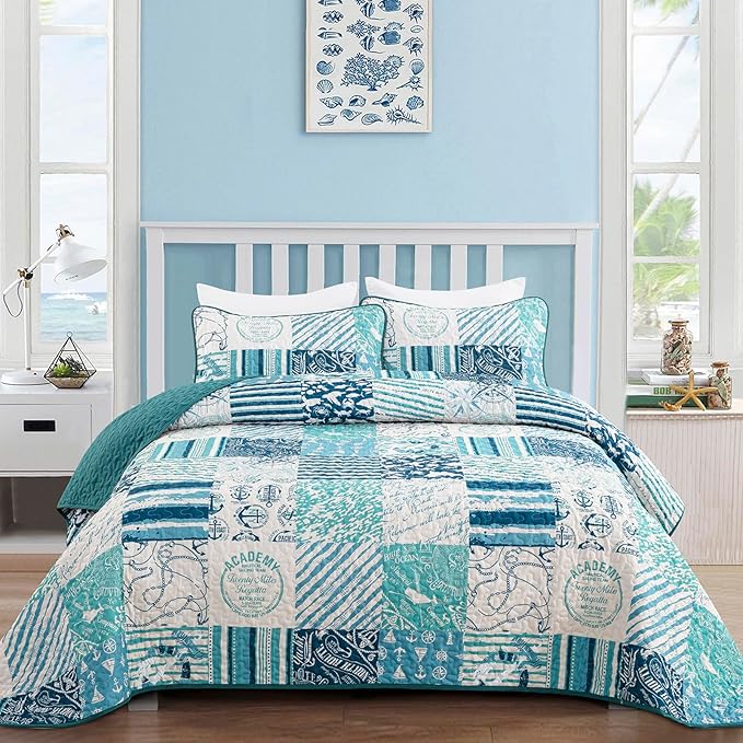 Coastal Quilt Set King Size, Blue Ocean Beach Themed Bedding Set Coral Seashell Conch