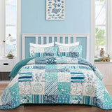 Coastal Quilt Set King Size, Blue Ocean Beach Themed Bedding Set Coral Seashell Conch