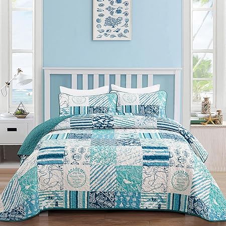 Coastal Quilt Set Queen Size, Blue Ocean Beach Themed Bedding Set Coral