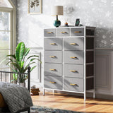 Dresser with Charging Station, 52 Inches Tall Dresser for Bedroom with 11 Storage Drawers, Large Fabric Dressers for Hallway, Light Grey