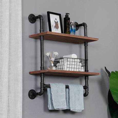 Industrial Pipe Shelving Bathroom Floating Shelves Wall Mounted, 2 Tier 24 inch Rustic Wood Shelf