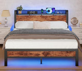 Full Bed Frame with LED Lights,Industrial Storage Headboard with Charging Station