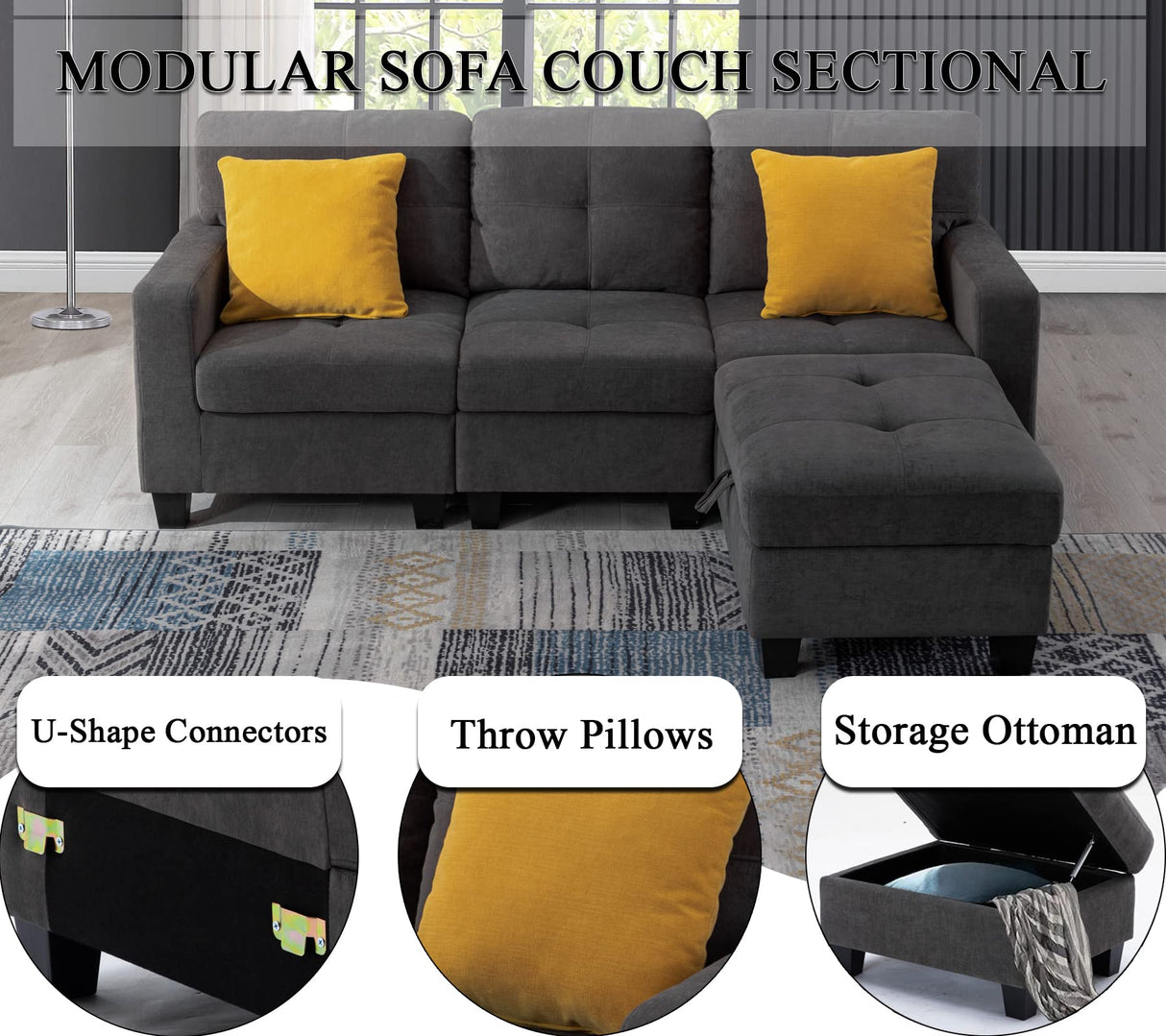 Modular Sofa Couch 4 Seat Sectional with Storage Ottoman, Velvet Reversible L Shaped