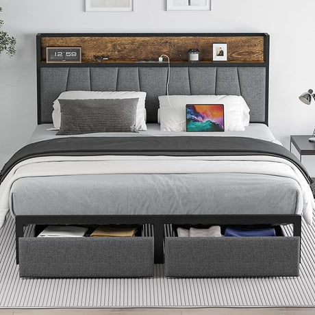 Queen Size Bed Frame with Headboard and Storage, Drawers Platform Bed Frame