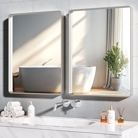 Brushed Silver Bathroom Mirror for Wall, 55 x 30 Inch Metal Framed Bathroom Mirrors