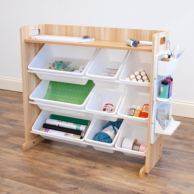 Natural Wood/White Toy Organizer with Shelf and 9 Storage Bins