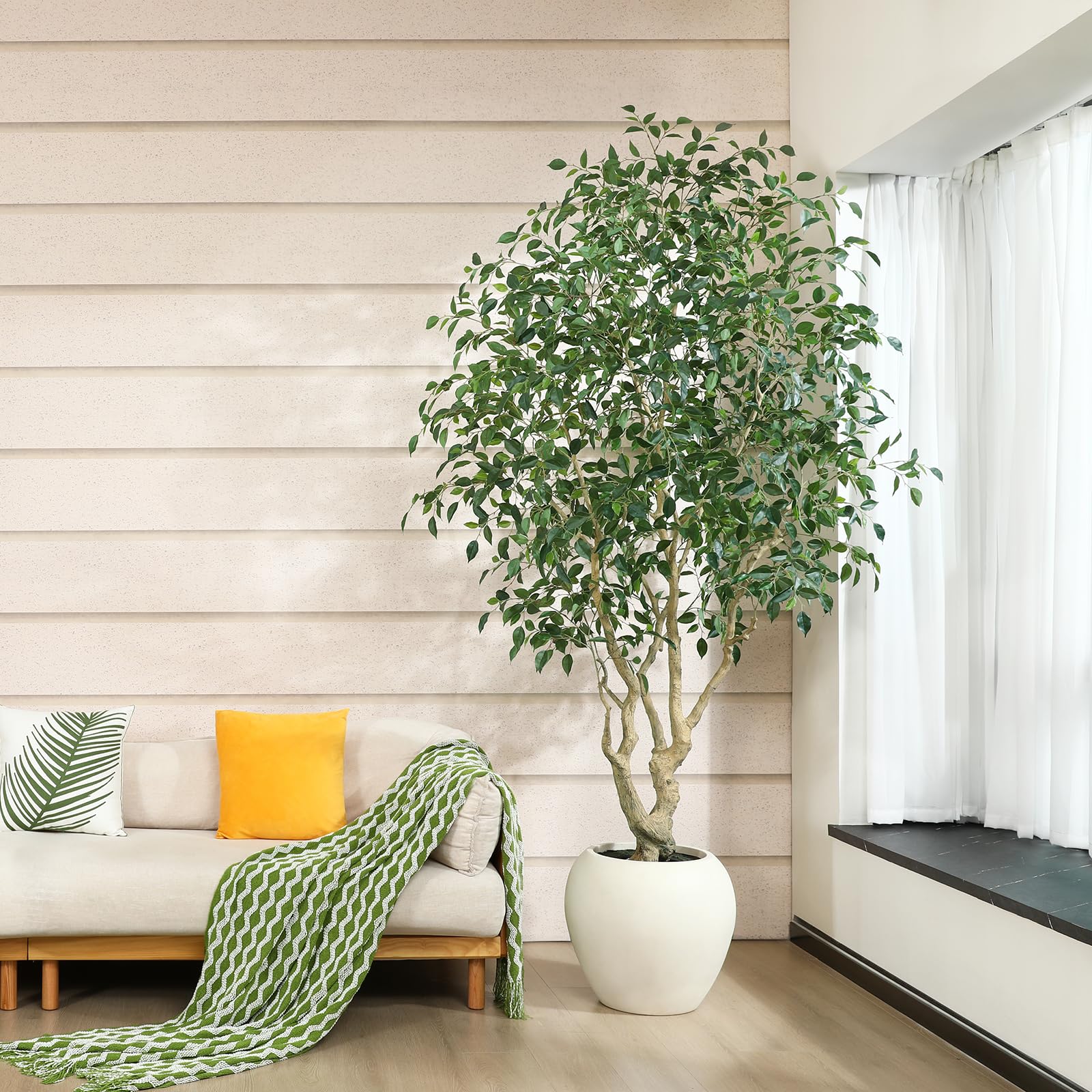 Ficus Tree Artificial Indoor, 8 Feet Tall Faux Ficus Tree with Round Artisan Planter