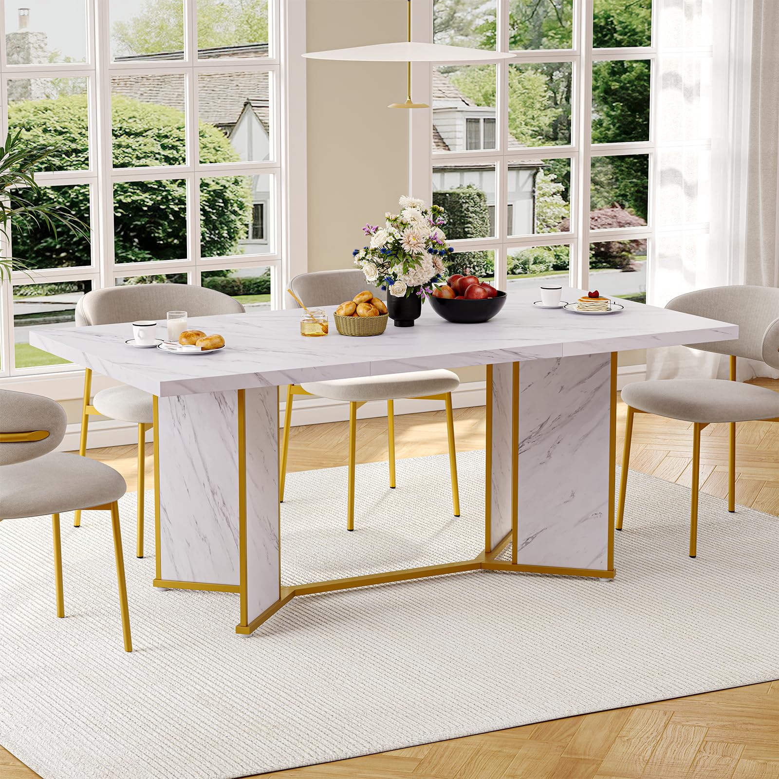 71" Rectangular Dining Table for 6-8 People - White Marble & Gold Metal Frame