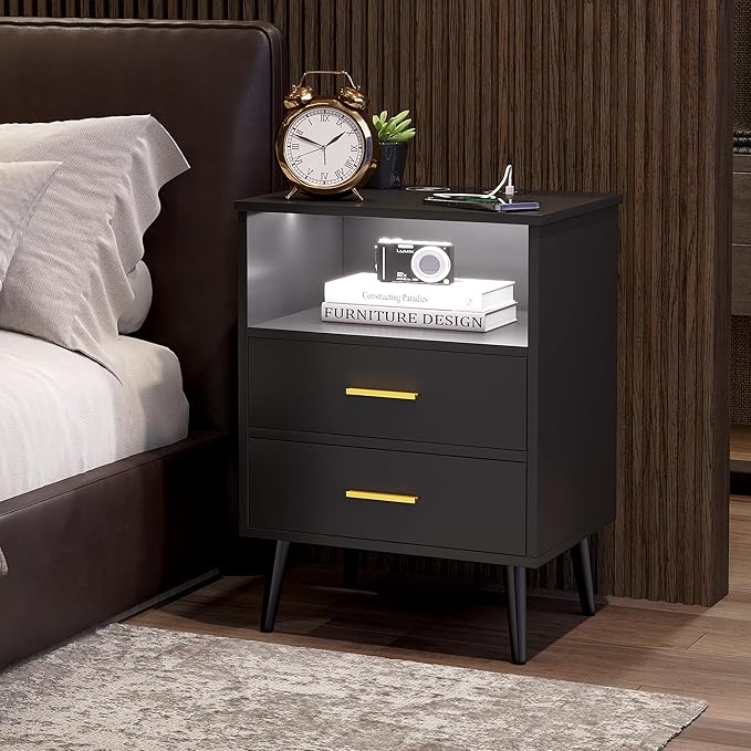 Mid Century LED Nightstand, 3 Colors Dimmable Light, Bedroom Wood Night Stand with Charging Station