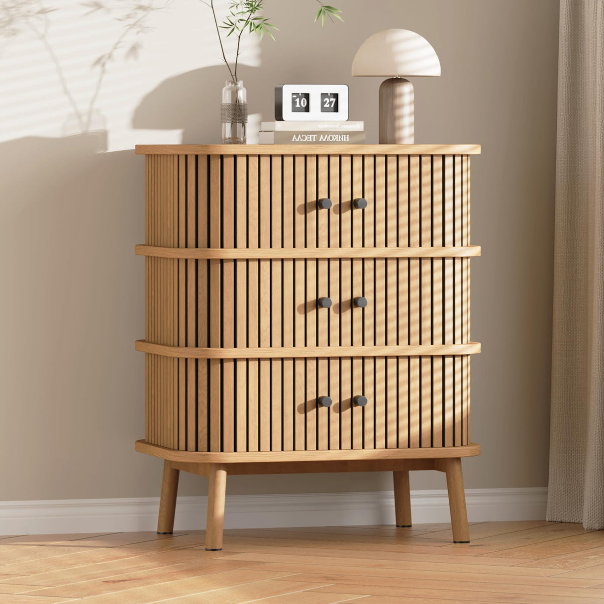 Fluted 3 Drawers Nightstand with Sliding Door, Boho 3 Drawer Dressers for Bedroom,