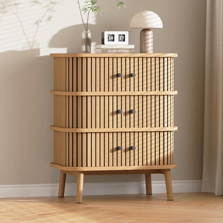 Fluted 3 Drawers Nightstand with Sliding Door, Boho 3 Drawer Dressers for Bedroom,