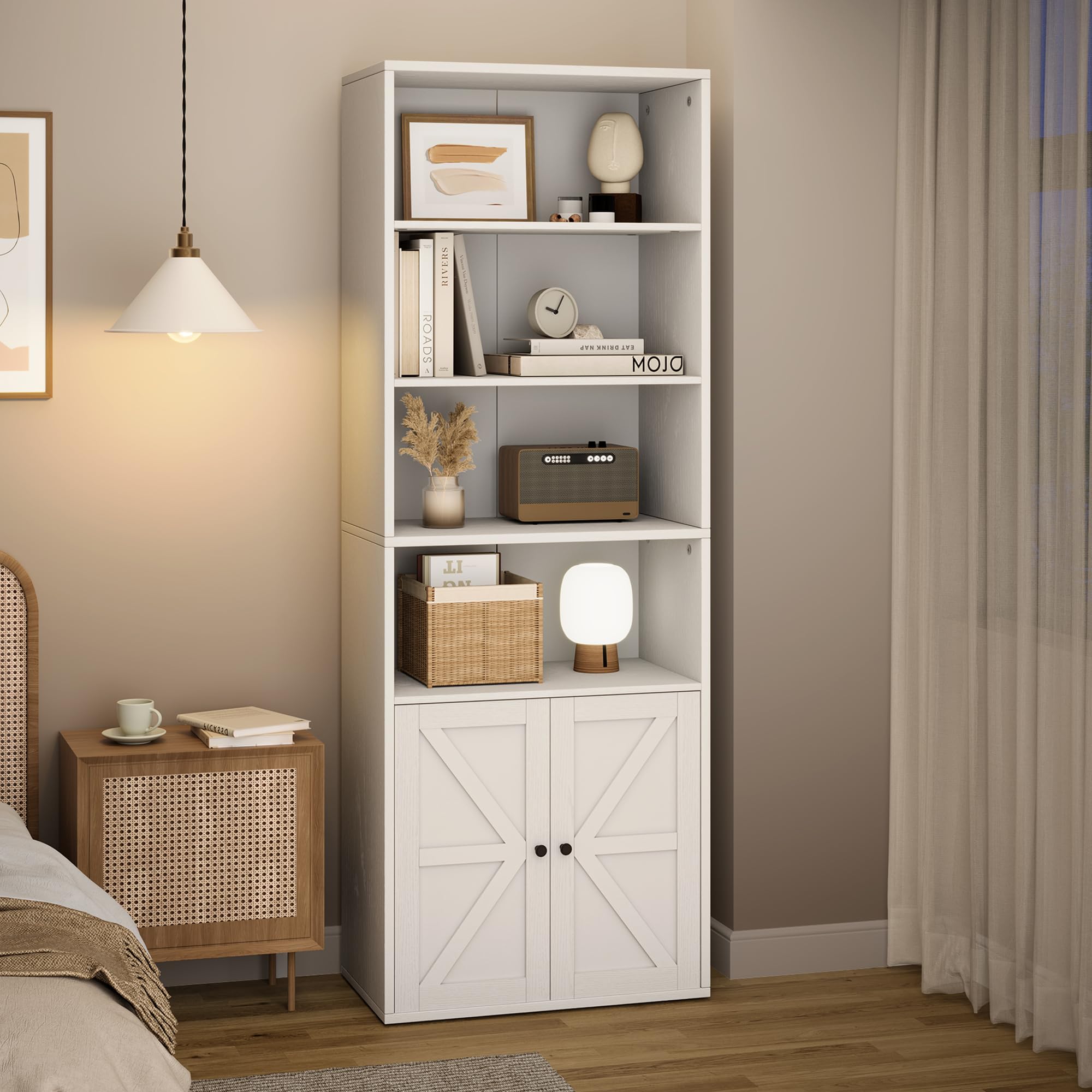 Bookcase with Doors Industrial Bookshelf 11.8in Depth Display Storage Shelves 71.4in