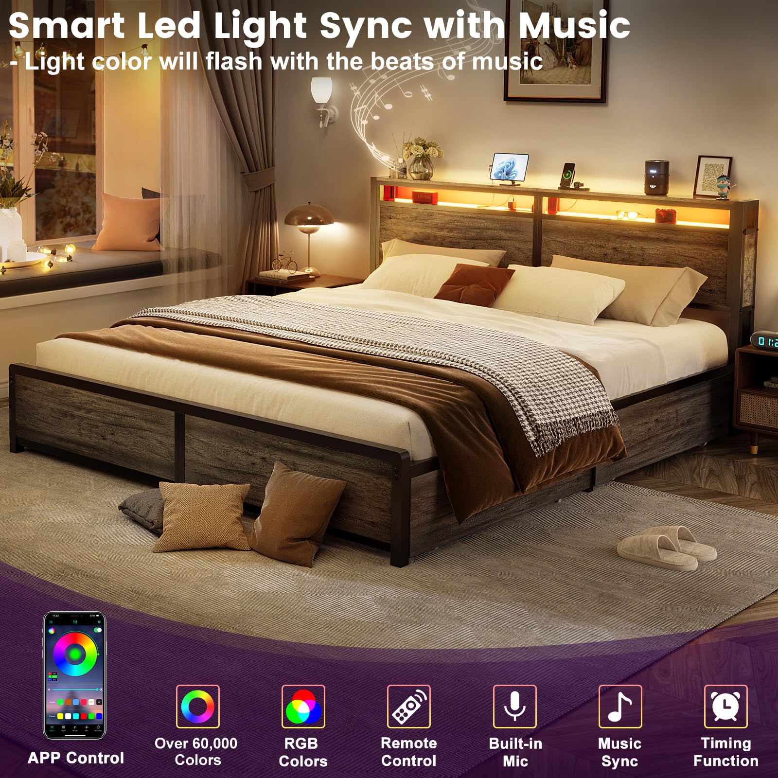 King Size Bed Frame with Storage Drawers and Charging Station