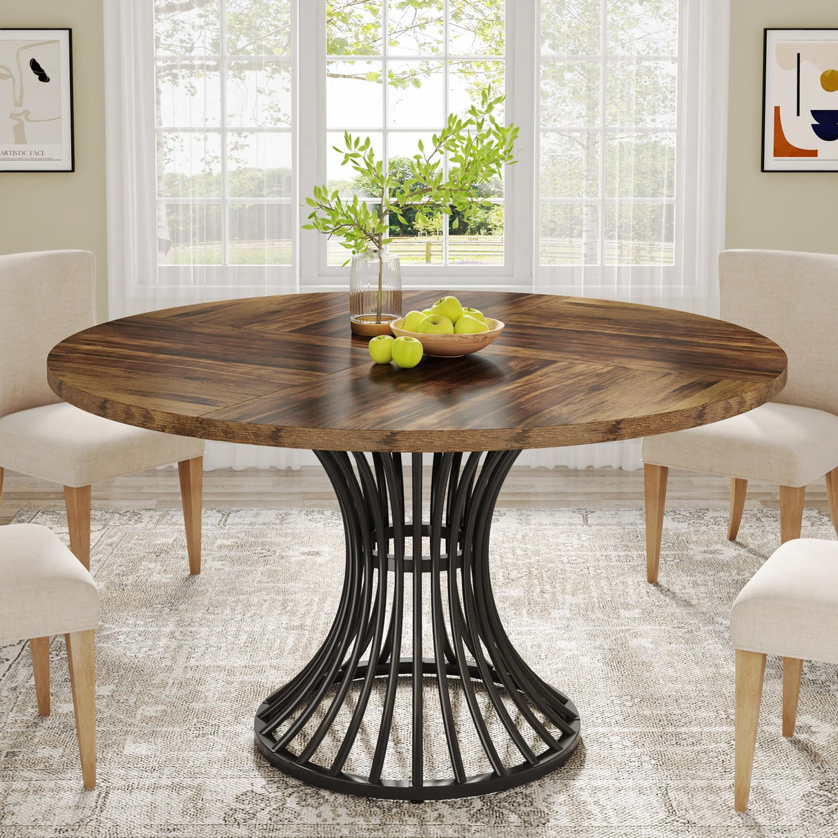 Round Dining Table for 4-6 People, 47-Inch Farmhouse Dinning Room Table Circle Kitchen Table