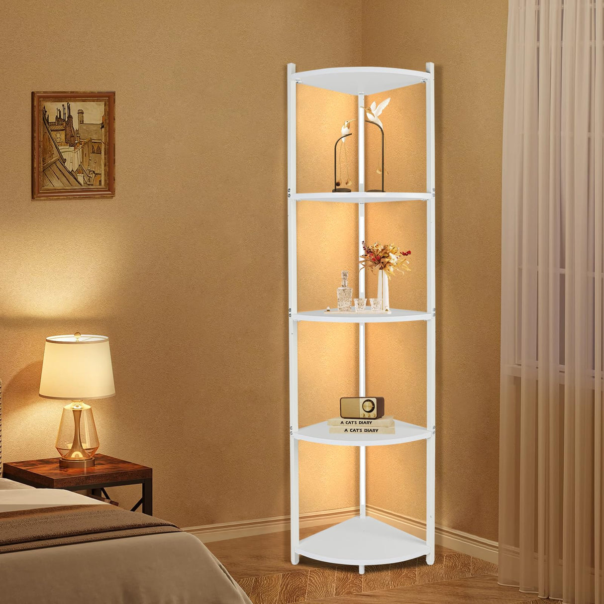 5-Tier Corner Shelf with Light, White Corner Bookshelf with Metal Frame, Tall Display Shelf Stand for Living Room Bedroom Office Decor