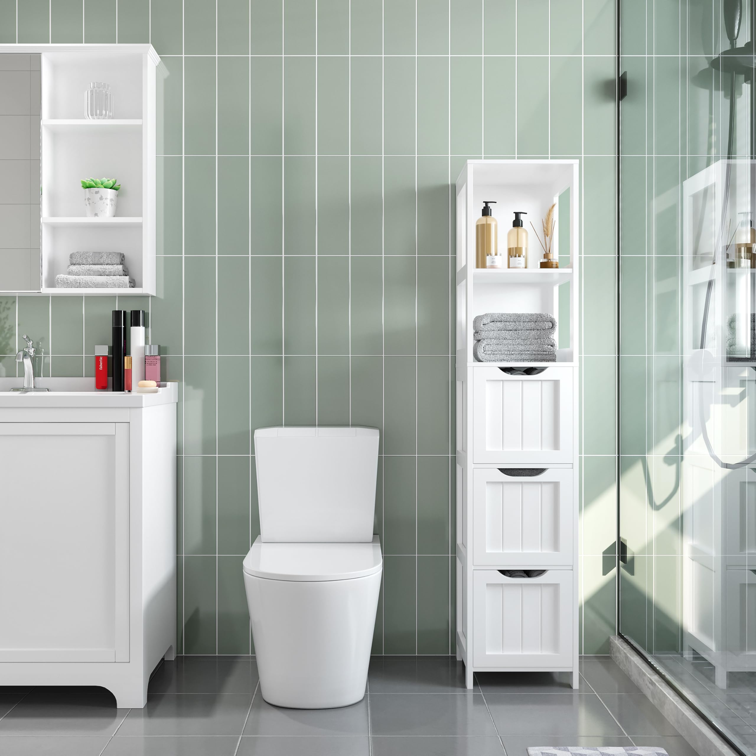 Bathroom Tall Cabinet, Slim Storage Cabinet, Narrow Freestanding Floor Cabinet with 3