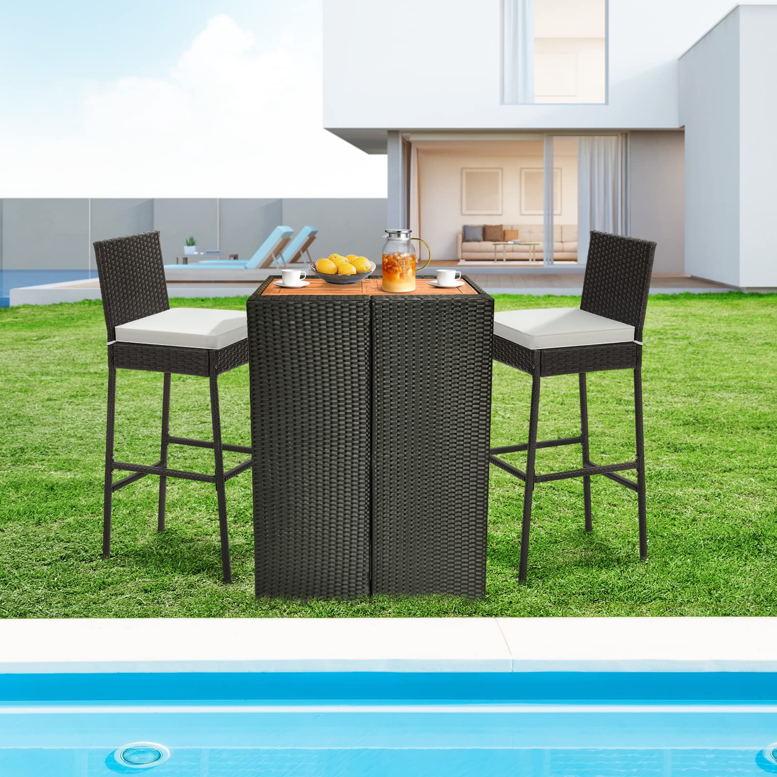 Outdoor Bar Stools Set of 2 - Wicker Rattan Patio Barstools Tall Chairs w/Back, Footrest